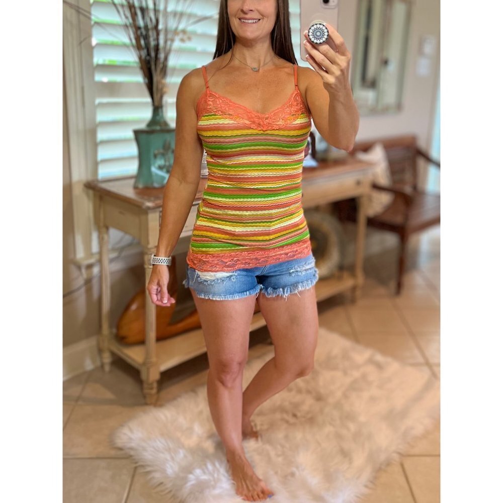 ❤️‍🔥Striped Low Cut Cleavage Retro Lace Summer Tank Cami Top Tunic Peach 0125